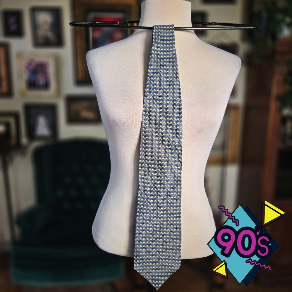 Structure Silk Tie Vintage 90s Geometric Blue Yellow Abstract Made in USA Mens
